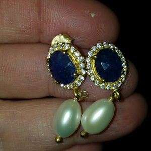 Genuine Blue Sapphire and Pearl Stud Earrings